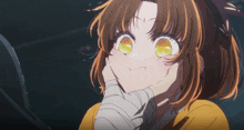 a girl with brown hair and yellow eyes is looking at herself in a mirror