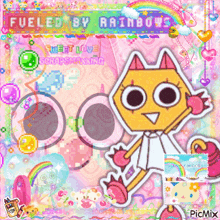 a picture of a cartoon character with the words fueled by rainbows