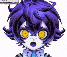 a drawing of a person with purple hair and yellow eyes