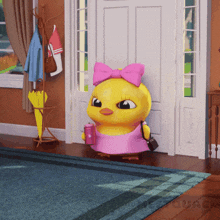 a cartoon duck wearing a pink dress and a bow