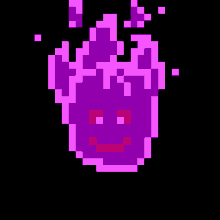 a pixel art of a purple flame with red eyes and a red mouth .