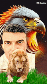 a man with a lion and an eagle behind him with capcut on the bottom