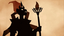 a silhouette of a person with a torch and a hat
