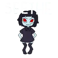 a cartoon drawing of a girl in a black dress with red eyes and the word sleepy behind her