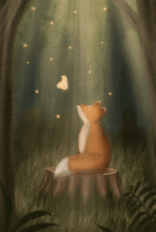 a fox is sitting on a tree stump looking at a butterfly