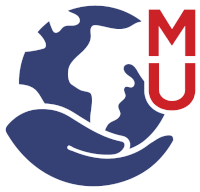 a blue and white logo with a hand holding a globe and the letter m and u