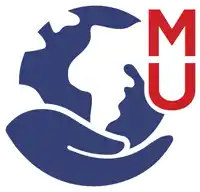 a blue and white logo with a hand holding a globe and the letter m and u