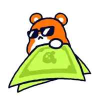 a cartoon hamster wearing sunglasses holds a stack of money