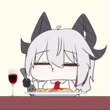 a cartoon character with horns is eating a plate of spaghetti