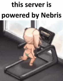 a cartoon girl is running on a treadmill with the caption this server is powered by nebris .