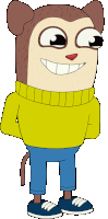 a cartoon of a monkey wearing a yellow sweater and blue jeans