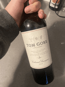 person holding a bottle of tom gore cabernet sauvignon