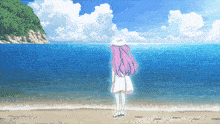 a girl with pink hair and a white hat stands on a beach looking at the ocean