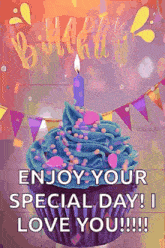 a birthday card with a cupcake with a candle on it and the words `` enjoy your special day ! i love you !!! ''