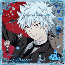 a picture of a man in a tuxedo with the words " happy easter " on the bottom