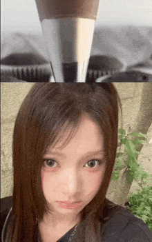 a close up of a woman 's face next to a picture of a cupcake