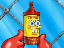 a cartoon of a crab holding a bottle of tangy sponge sauce .