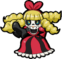 a cartoon drawing of a skeleton girl in a red dress