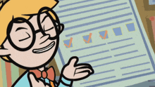 a cartoon character with glasses and a bow tie is holding a piece of paper with check marks on it