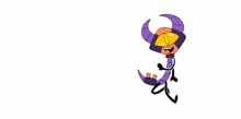 a cartoon character with purple horns and a yellow face is dancing .