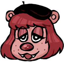 a cartoon drawing of a bear with red hair and a black hat