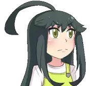 a girl with long black hair and green eyes is wearing overalls