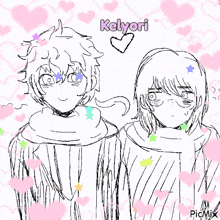 a black and white drawing of a boy and a girl with the name kelyori written above them