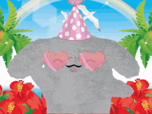 a stuffed animal wearing a party hat and heart shaped glasses