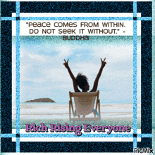 a picture of a woman sitting in a chair on the beach with a quote from buddha