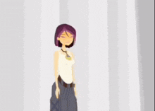 a cartoon drawing of a girl with purple hair and wide leg jeans