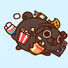 a cartoon drawing of a pug eating popcorn