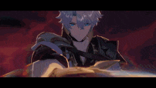 a man with white hair and blue eyes is wearing a black and gold outfit