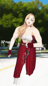 a drawing of a woman in a red dress with the word viggles at the bottom right