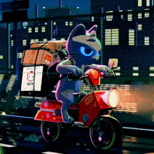 a blue cat is riding a red scooter with a sticker on the back that says " wanted "