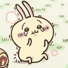 a cartoon drawing of a rabbit with bunny ears standing next to a hot dog .