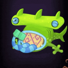 a green cartoon lizard with a blue tail is holding a blue and yellow object in its mouth .