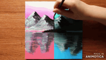 a painting of mountains and a lake is made in animatica
