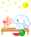 a pixel art of a rabbit sitting on a bench next to a fan and a watermelon .