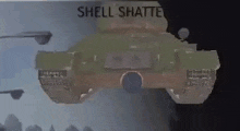 a green tank is flying through the air in a video game .