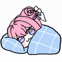 a cartoon girl with pink hair and purple eyes is laying on a pillow .