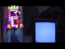 a cartoon character with a crown on his head looks at a television screen