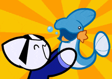 a cartoon drawing of a man and a dolphin