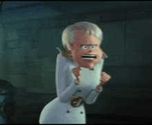 a cartoon character is wearing a white coat with gold buttons and a gold belt