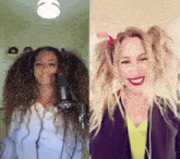 a woman wearing headphones stands in front of a microphone next to another woman with pigtails