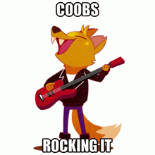 a cartoon of a fox playing a guitar with the words coobs rocking it below him