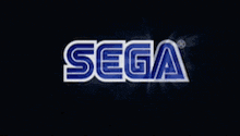 a sega logo on a black background with a blurred image of a car