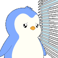 a blue and white penguin looking out of a window