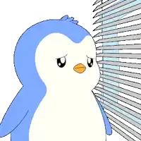 a blue and white penguin looking out of a window