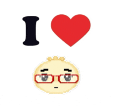 a pixel art sticker that says i love next to a heart and a smiley face with glasses