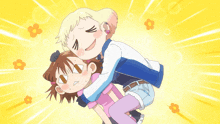 a boy is carrying a girl on his shoulders
